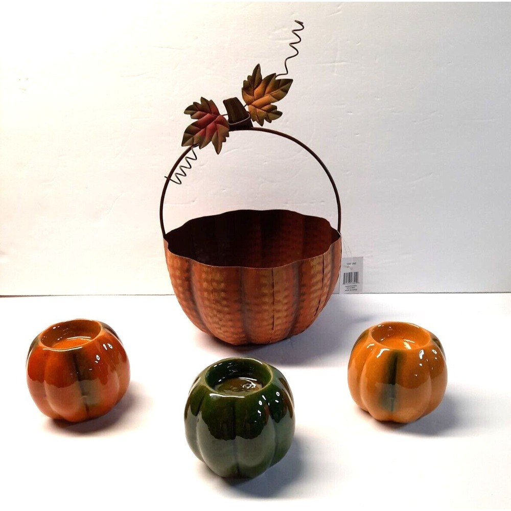 Halloween Metal Rustic Pumpkin Basket Home Decor w/3 Pumpkin Shaped‎ Tea Lights